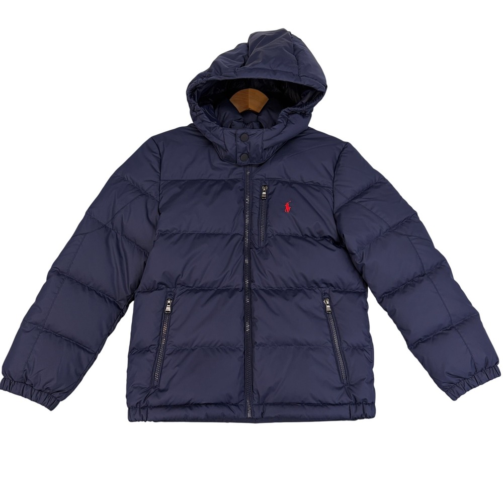 Polo Ralph Lauren Boys Navy Blue Duck Down Puffer Hooded Jacket Sz M 10-12 Fall